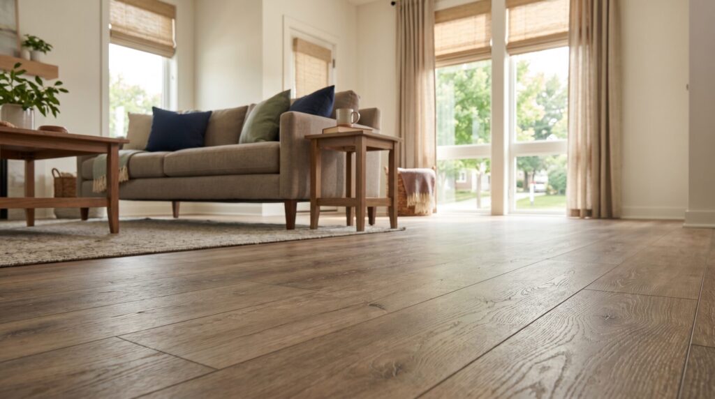 Close-up detail of newly installed plank flooring seams and texture