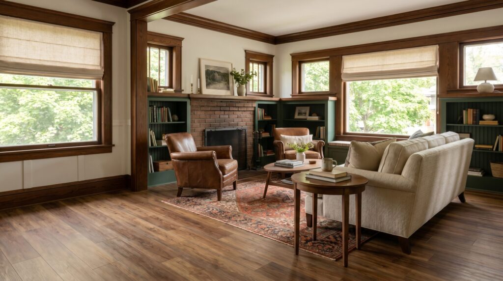 Newly installed flooring in a bright Wisconsin home living room