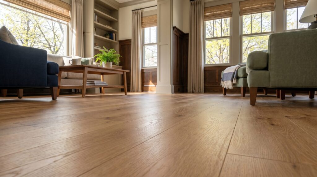 Close-up detail of new engineered hardwood flooring planks
