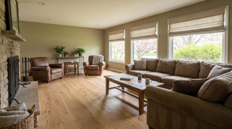 Newly replaced engineered hardwood flooring in a Madison Wisconsin living room