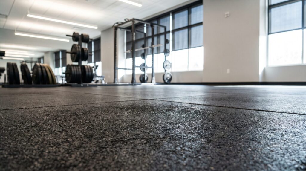 Thick rubber gym flooring detail in a commercial free weight area
