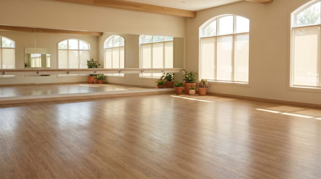 Resilient vinyl studio flooring in a bright group fitness room near Madison