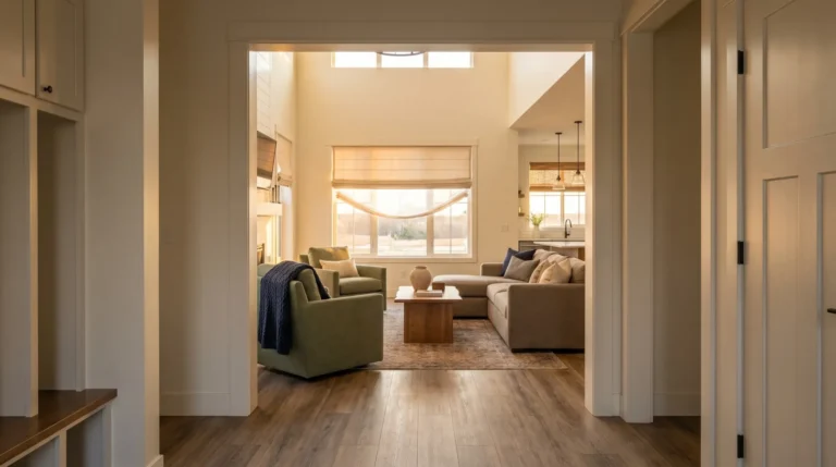 New hardwood flooring in a Madison living room with autumn views outside