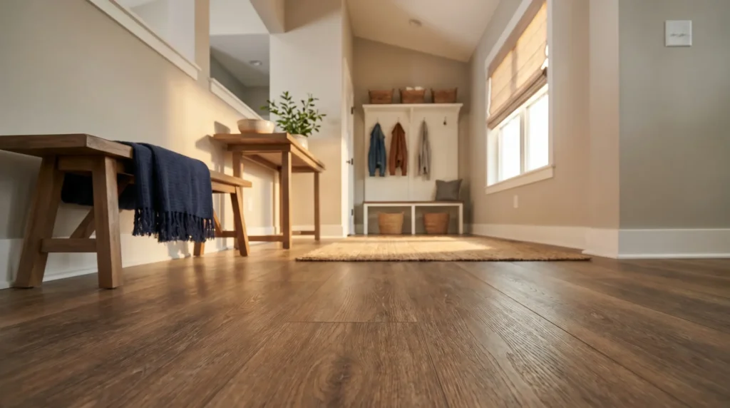 Close-up detail of hardwood flooring in warm golden fall light