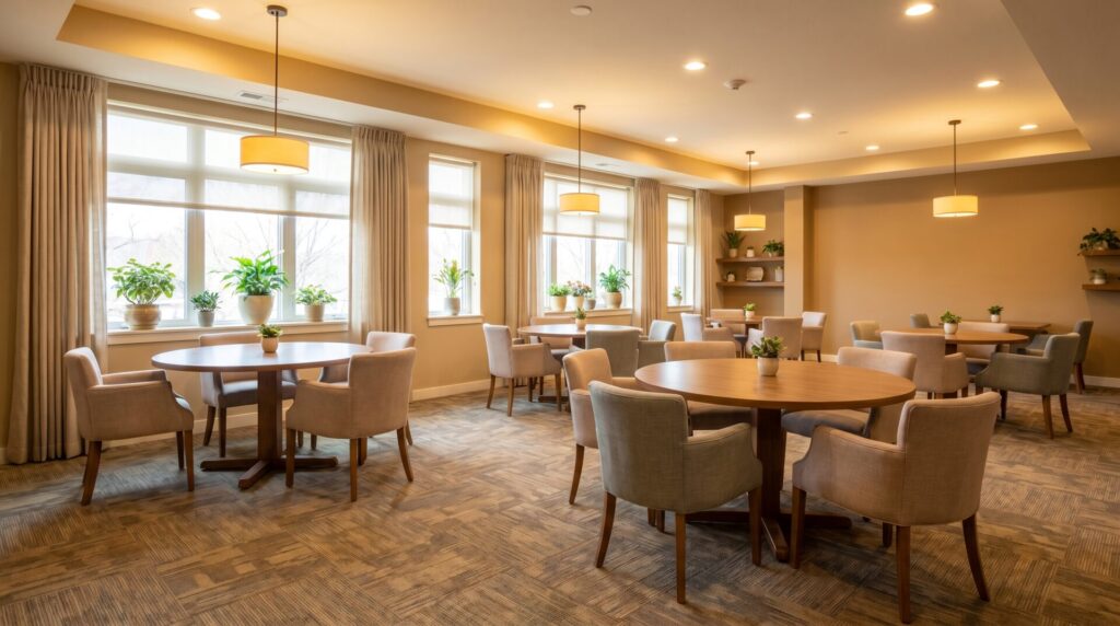 Carpet tile dining room flooring in a warm senior living community near Madison