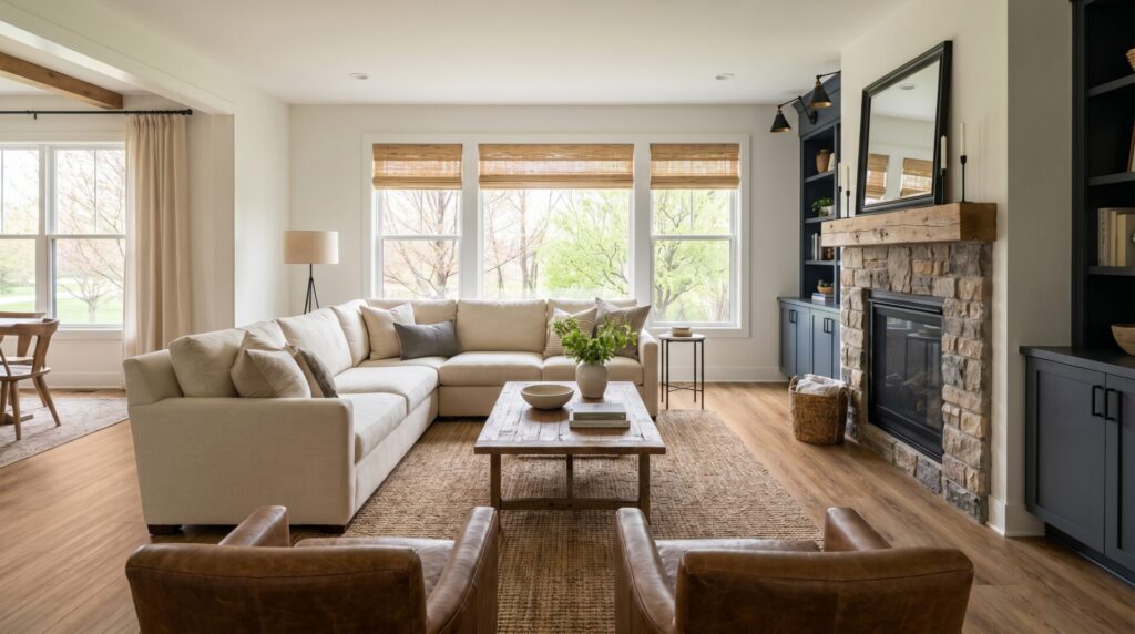 New flooring in a bright Wisconsin home living room