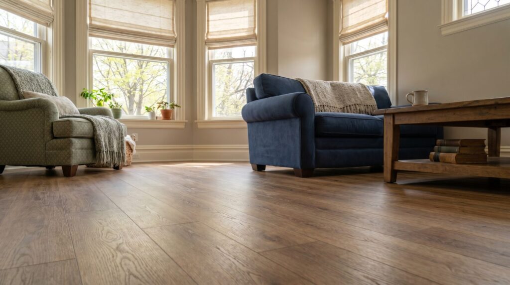 Close-up detail of quality flooring plank wear layer and texture