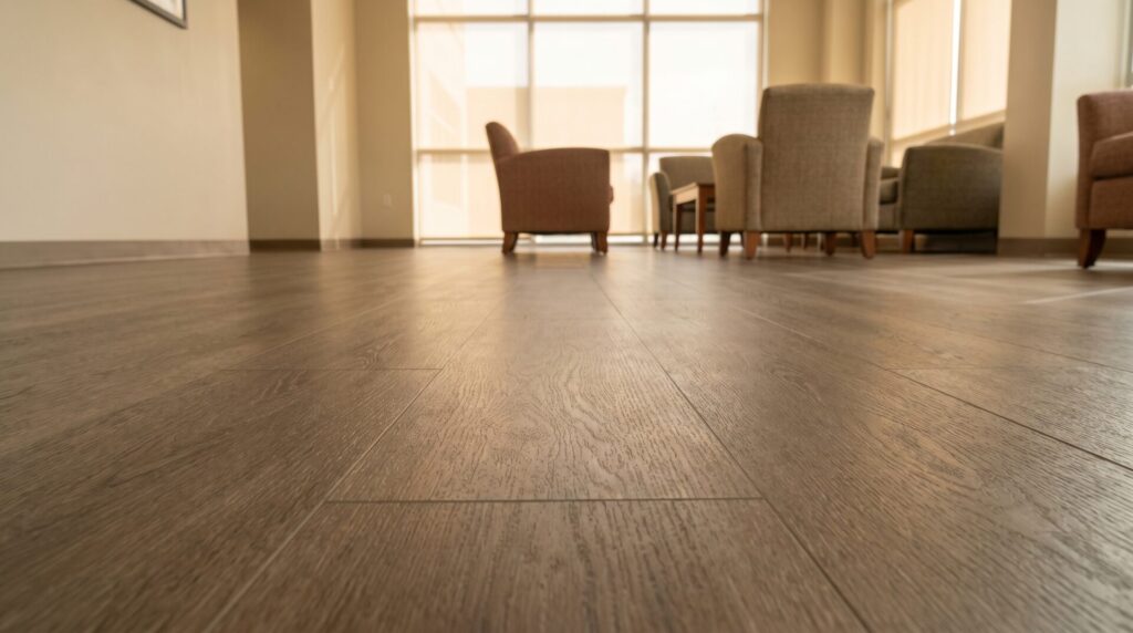 Close-up detail of slip resistant luxury vinyl tile corridor flooring