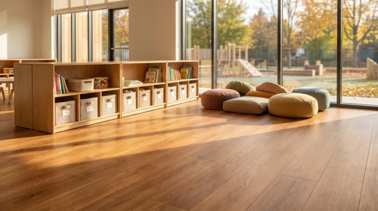 Commercial luxury vinyl flooring in a bright daycare toddler room
