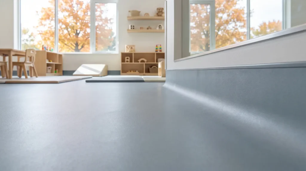 Heat welded sheet vinyl seam with integral coved base in a childcare center