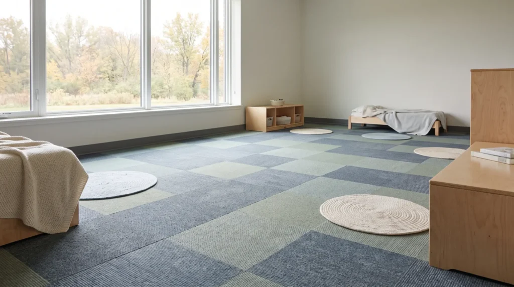 Blue and green carpet tile in a quiet nap room at a childcare center