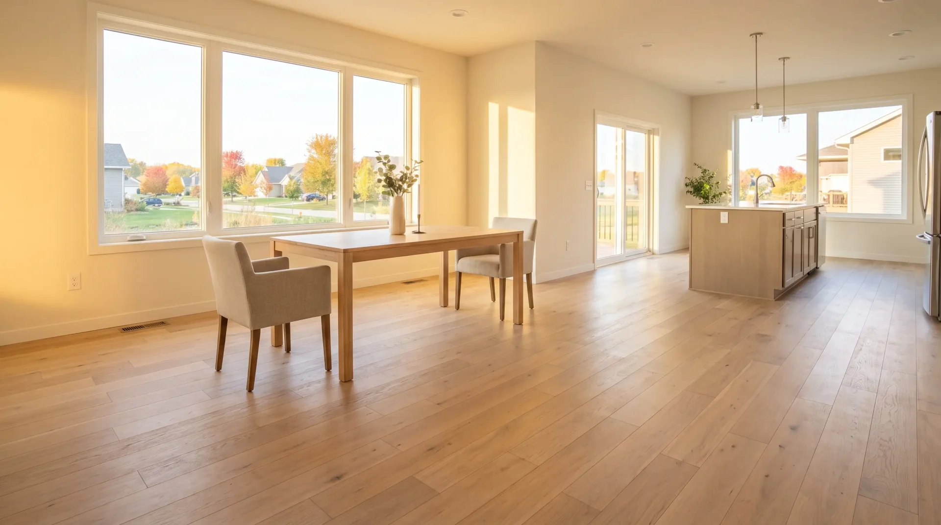 Wide plank flooring running through an open main floor with a dining table and kitchen