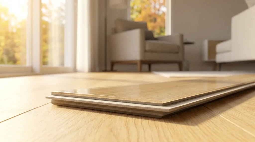 Close detail of a luxury vinyl plank edge showing the clear wear layer