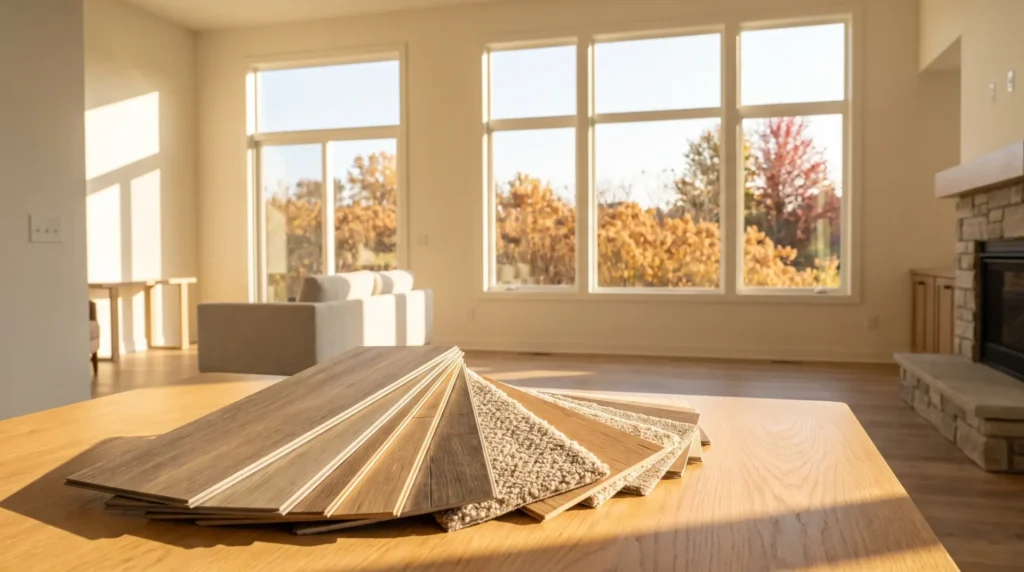 Fan of flooring samples on a light wood floor in a bright living room