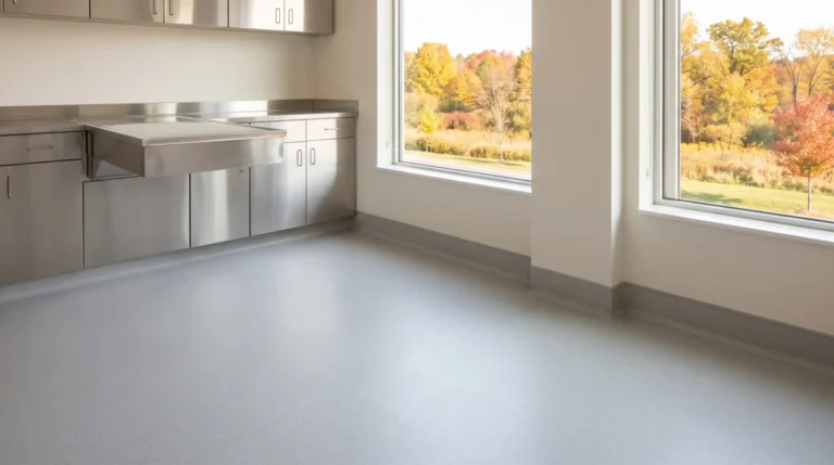 Seamless welded sheet vinyl flooring in a veterinary treatment room