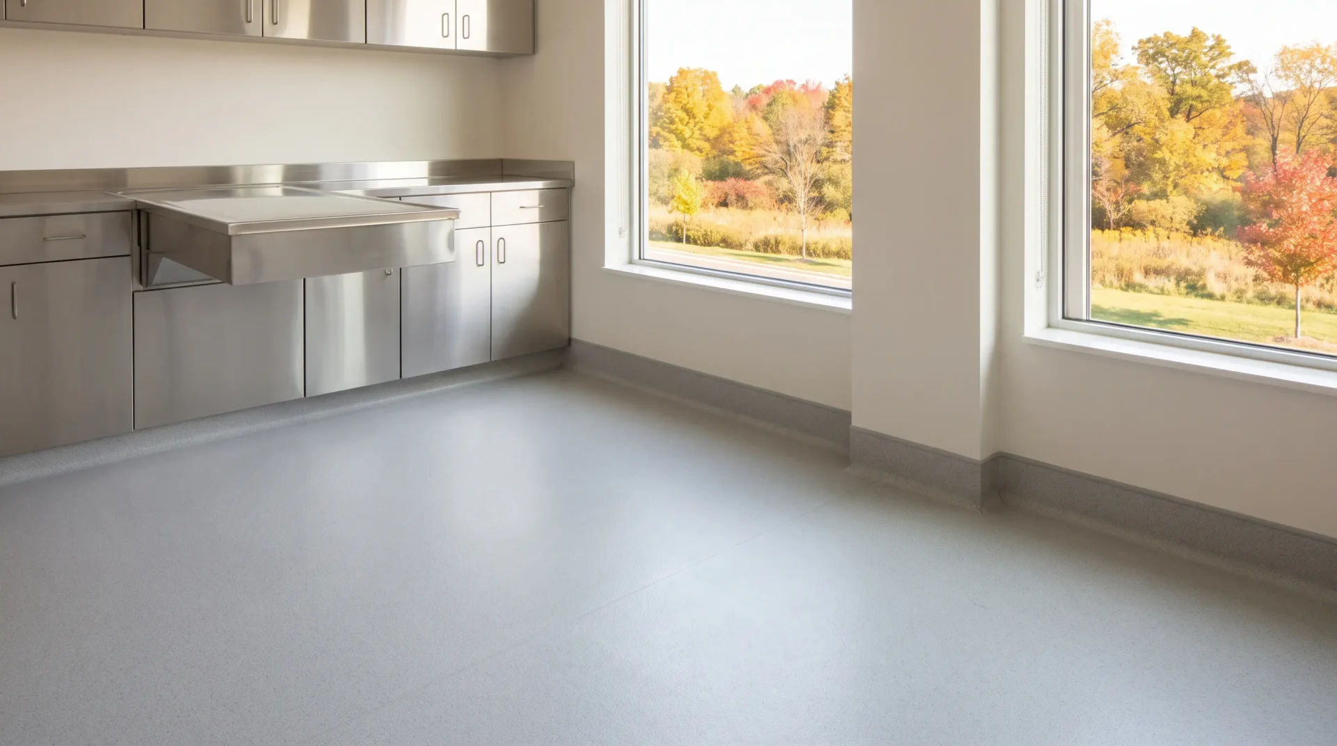 Seamless welded sheet vinyl flooring in a veterinary treatment room