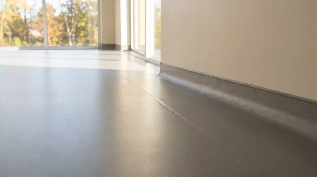 Heat welded seam and integral coved base detail in a clinical flooring installation