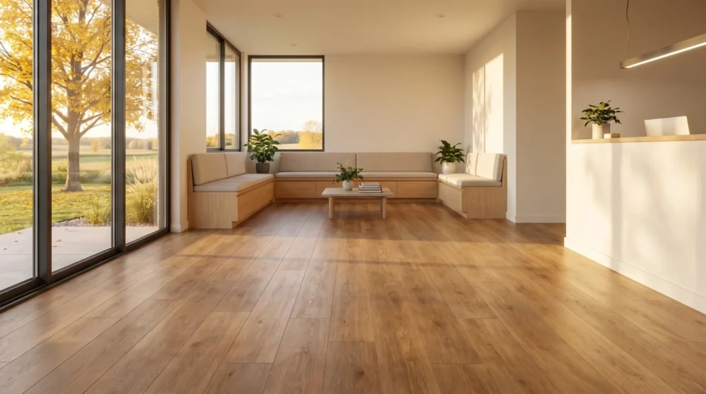 Commercial luxury vinyl flooring in a bright veterinary clinic waiting area