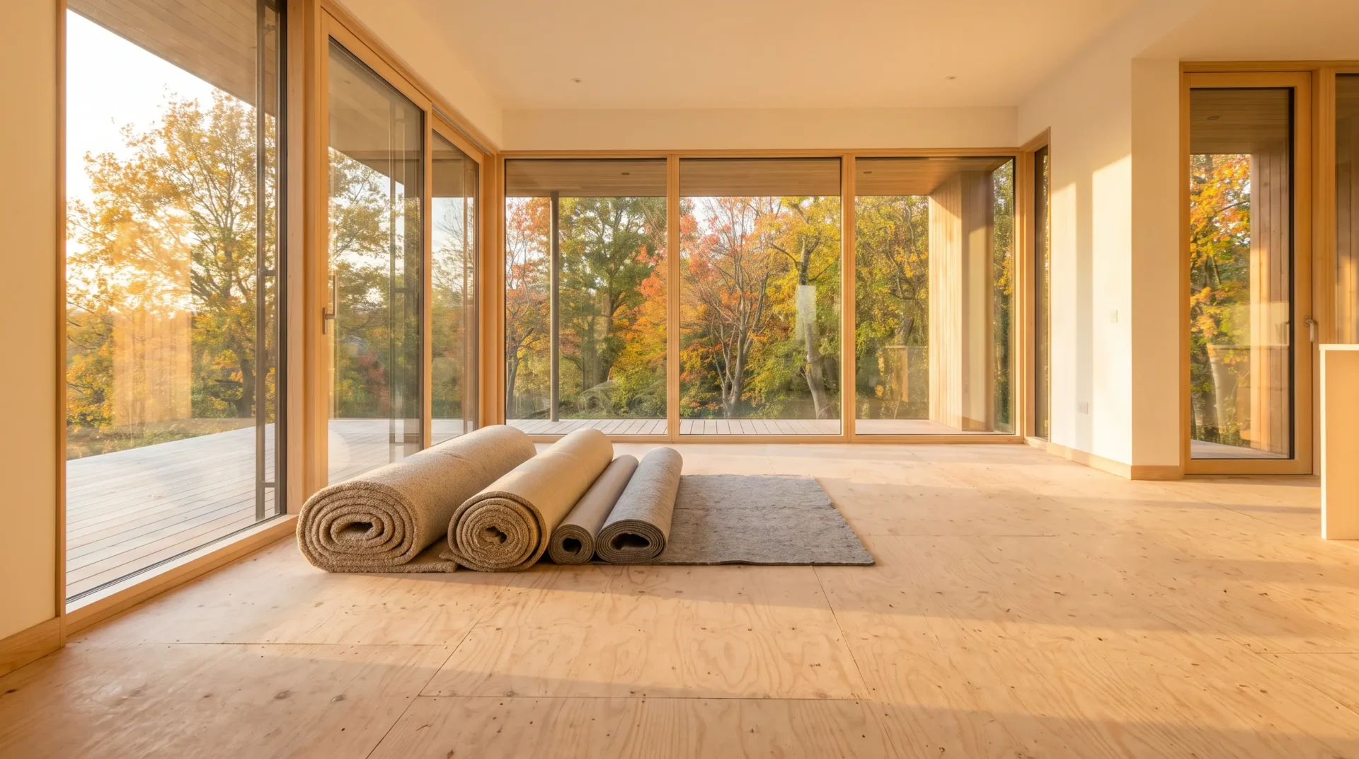 Carpet cushion and flooring underlayment rolls staged in a Madison home before installation