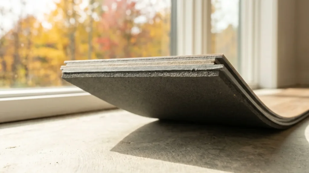 Close detail of a rigid core vinyl plank showing the attached pad on the underside