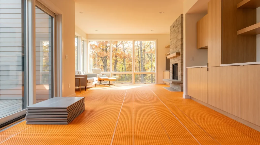 Orange uncoupling membrane laid before a tile floor installation
