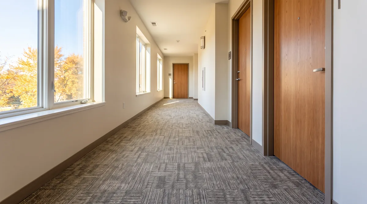 Commercial carpet tile in a bright multifamily building corridor