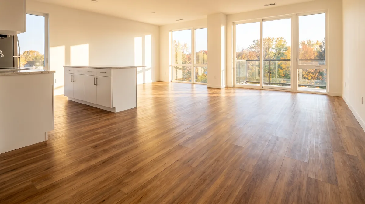 Wood-look commercial luxury vinyl plank in an empty apartment unit