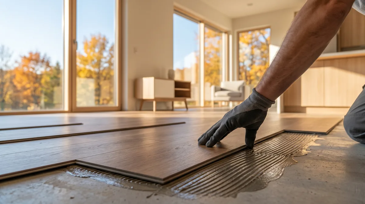 Close detail of a single glue-down vinyl plank being set into place