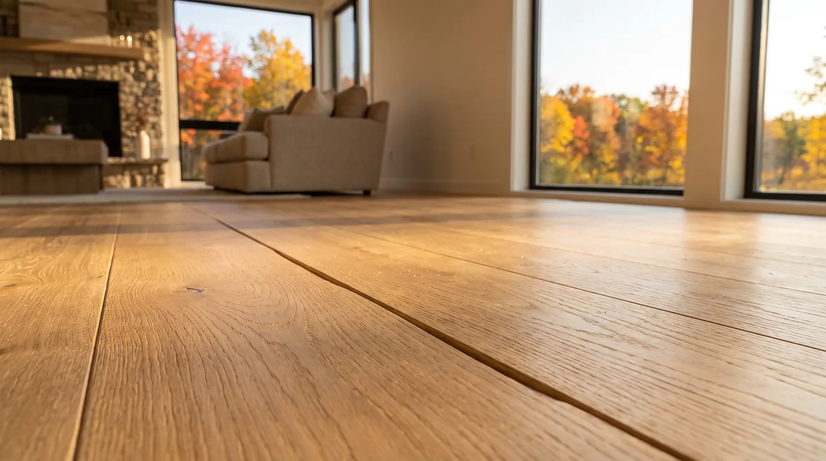 Close detail of a thin seasonal gap between hardwood floor planks