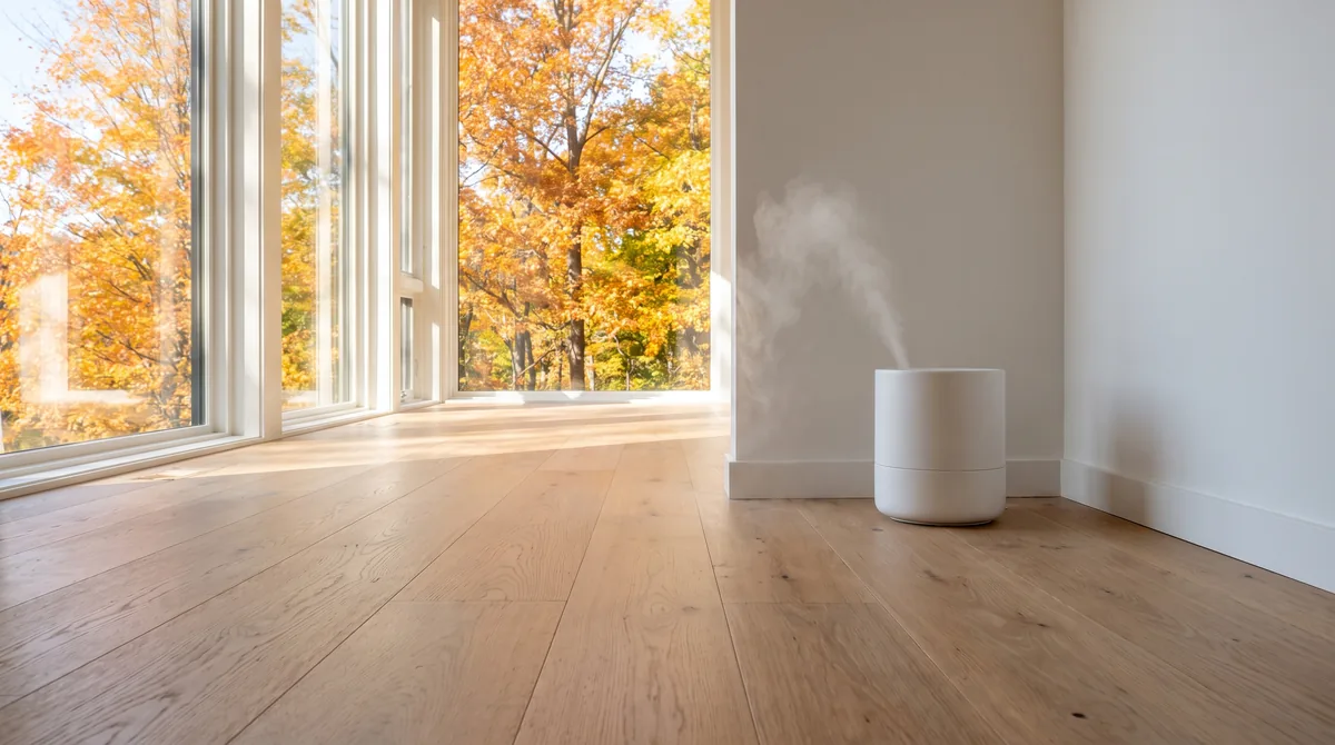 Console humidifier in a bright living room with wide plank oak hardwood flooring
