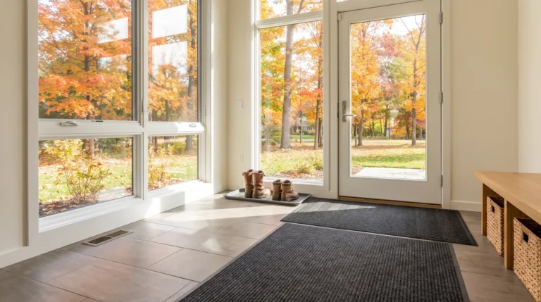 Porcelain tile entryway with layered walk-off mats and fall leaves outside
