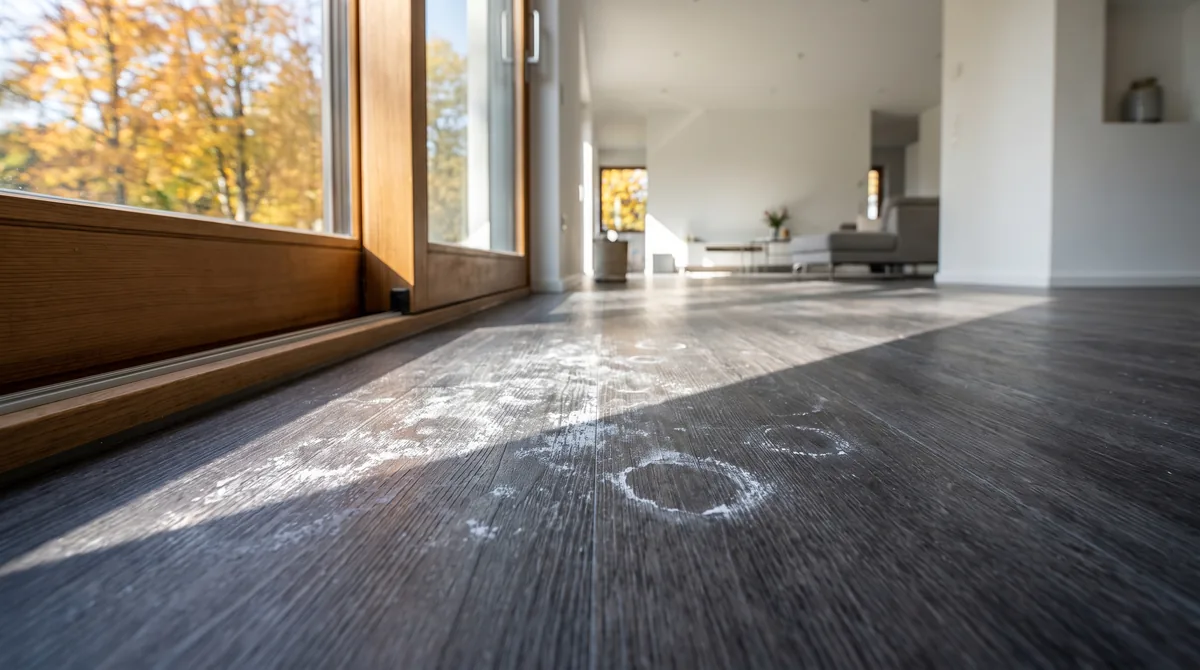 Close detail of white salt residue haze on a dark hard surface floor near a door