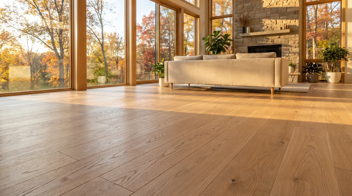 Bright living room with wide plank hardwood flooring in autumn light
