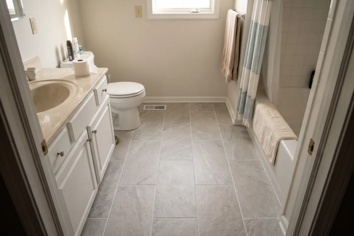 Light gray porcelain tile floor in a hall bathroom