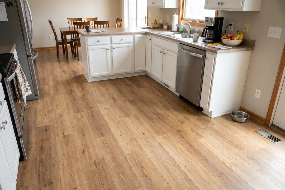 Warm oak-look vinyl plank flooring in a kitchen and dining area