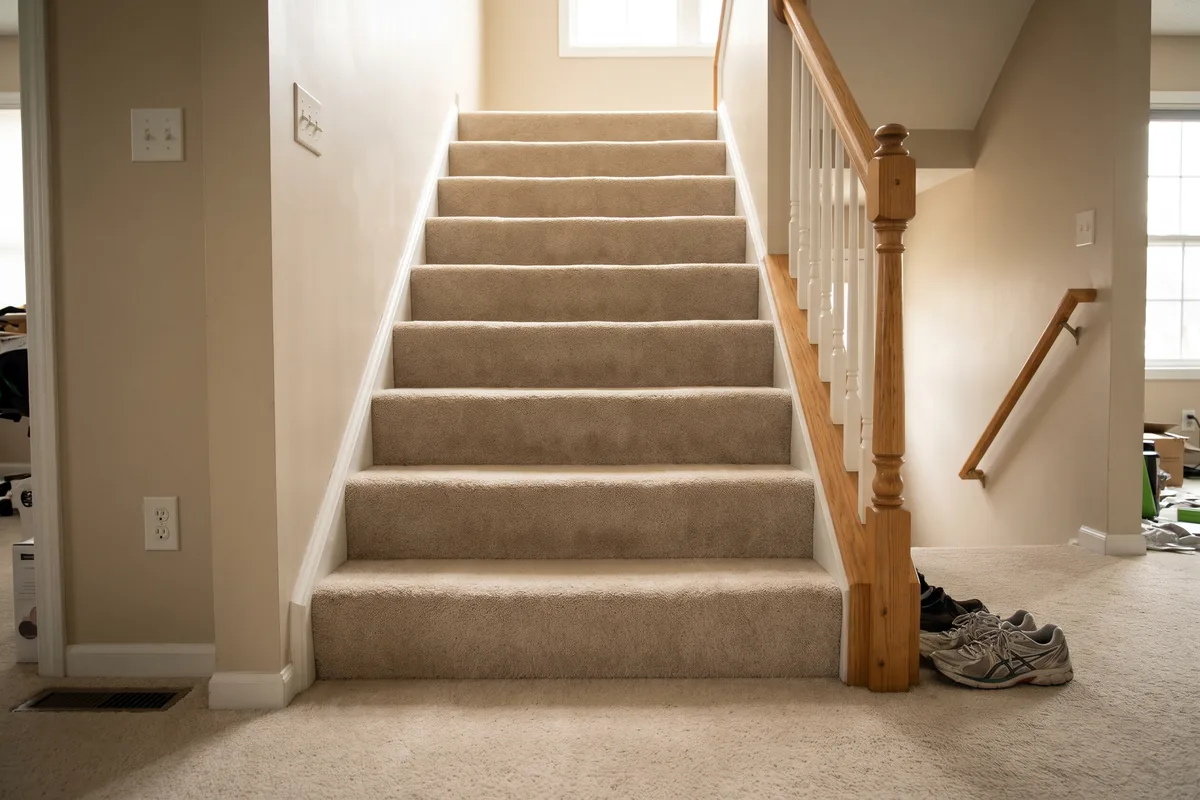 Beige carpet on a straight staircase with an oak handrail