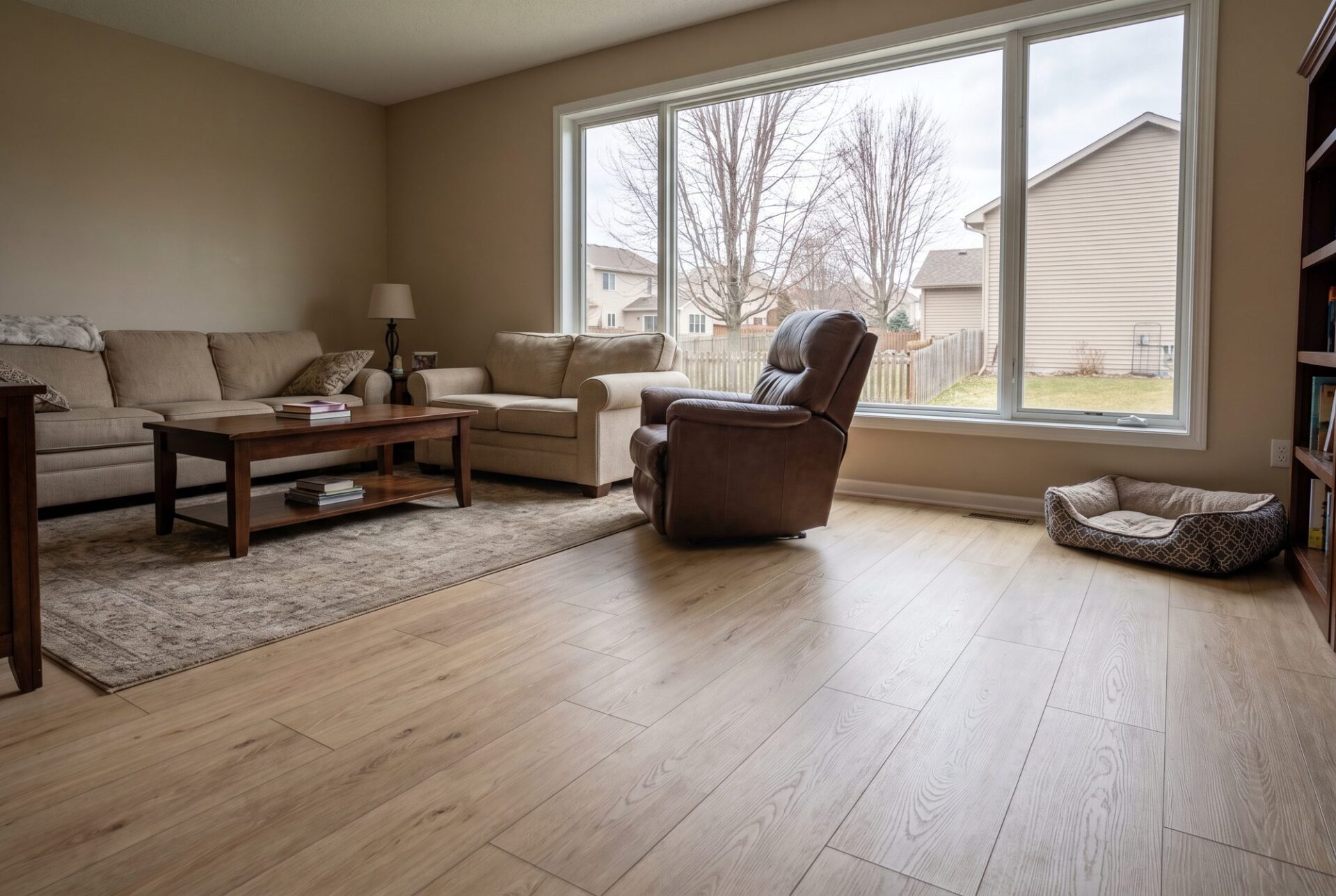 Light blonde oak-look laminate in a family room with a beige sofa, recliner and dog bed