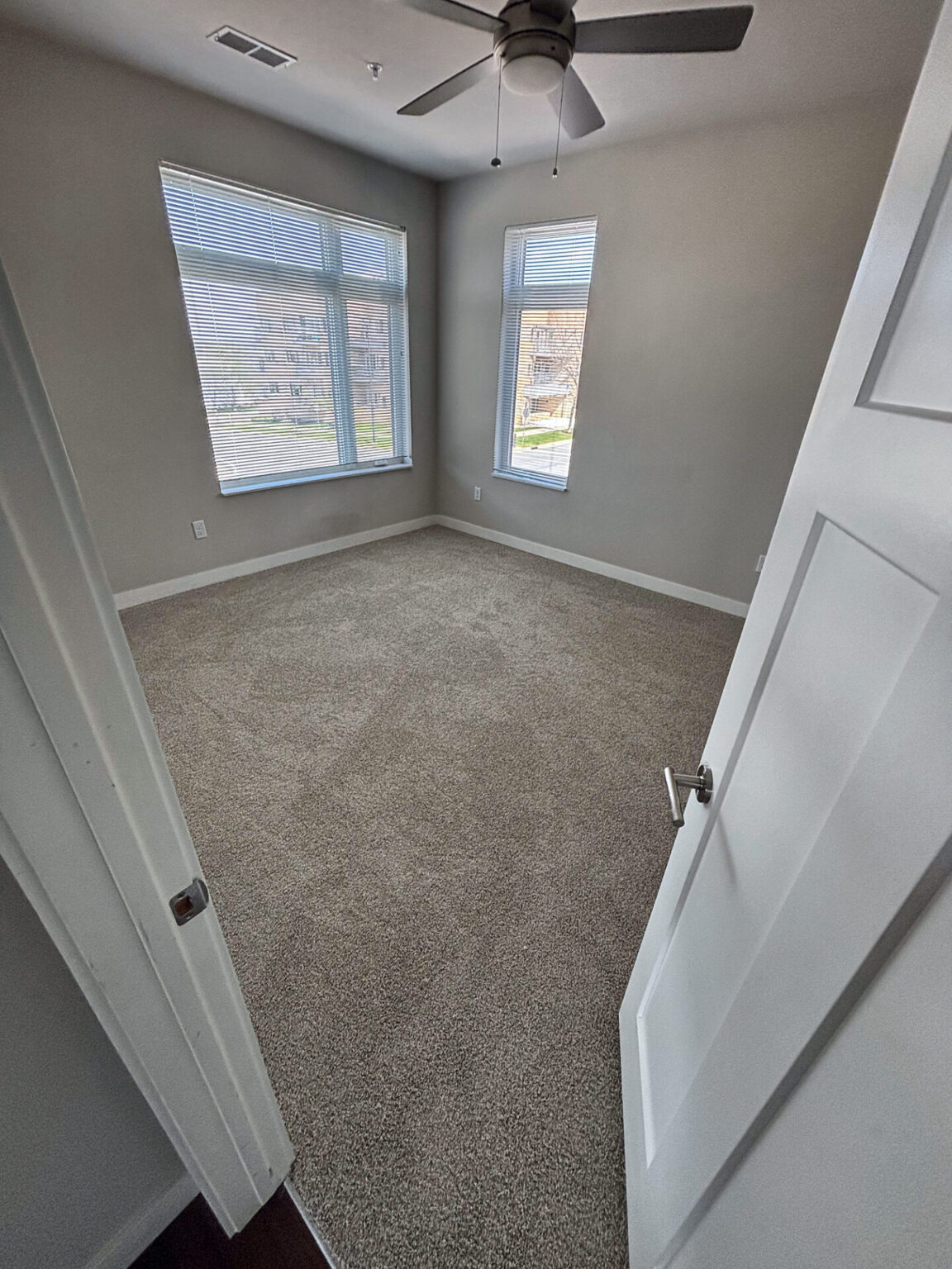 Plush beige carpet filling a bright empty bedroom with two windows and a ceiling fan