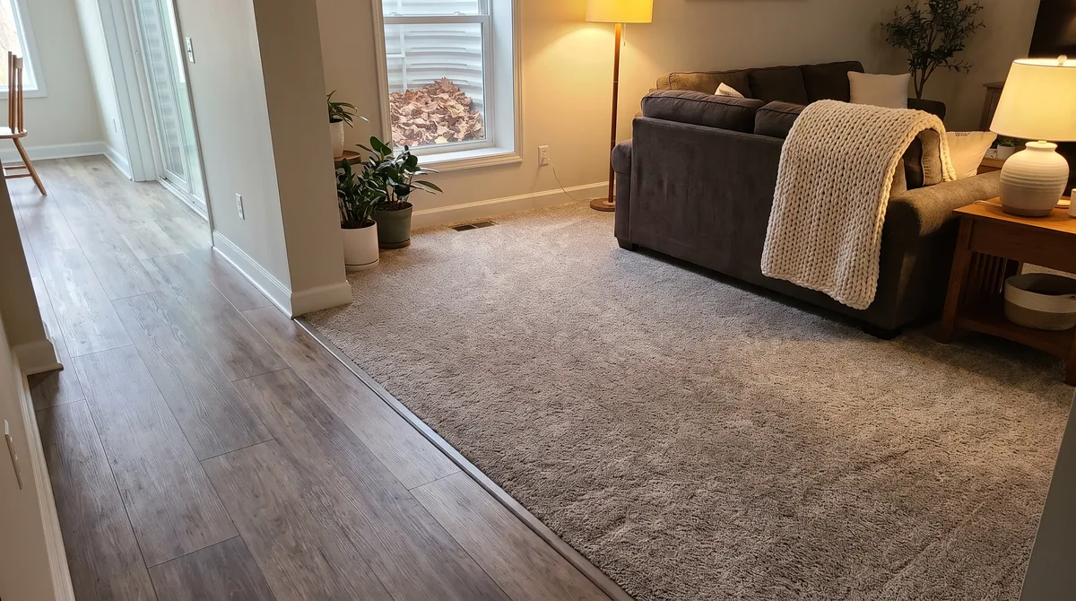 Greige carpet and laminate flooring meeting at a clean transition in a Monona, Wisconsin basement