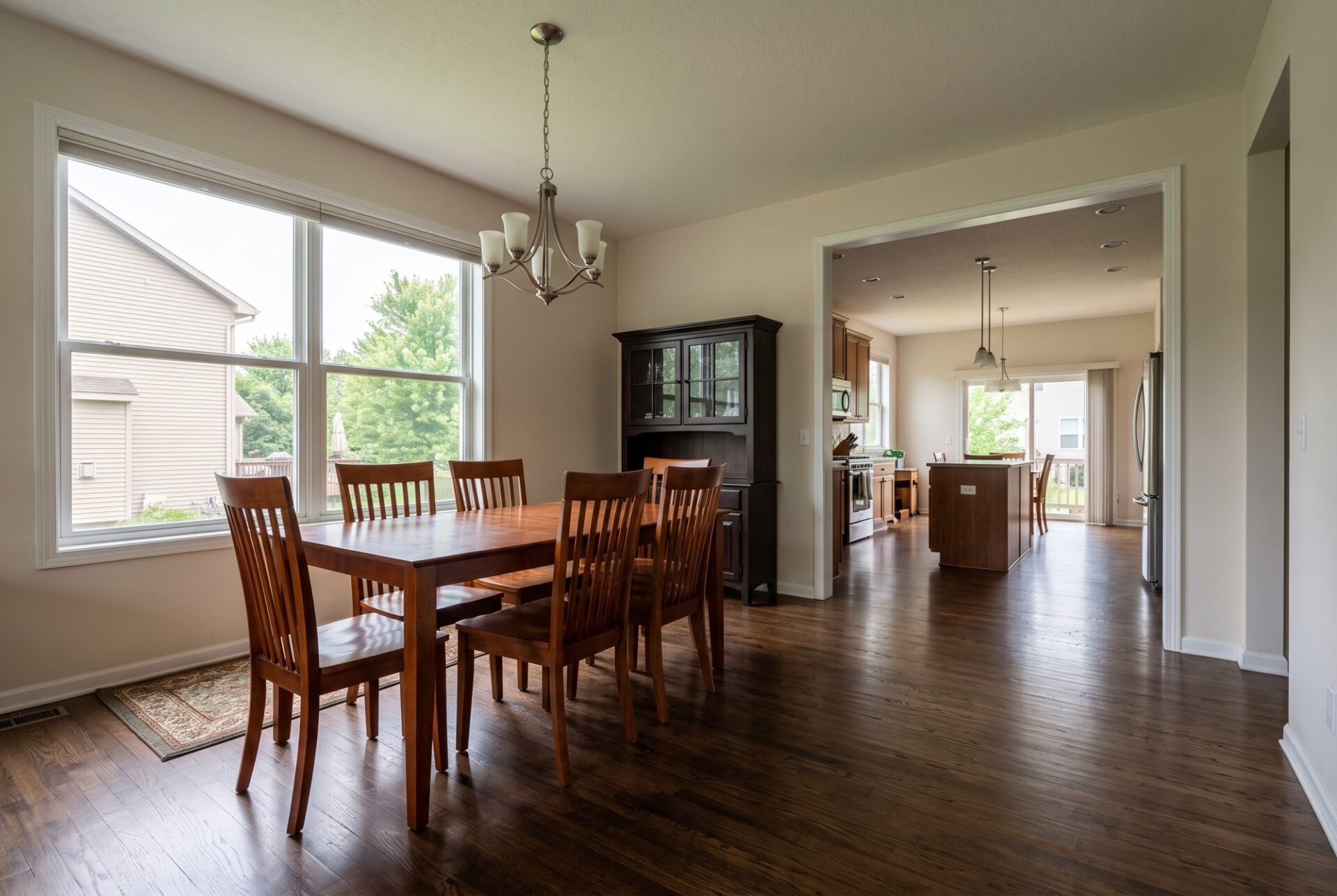 Dark walnut-stained red oak hardwood running from a dining room into the kitchen