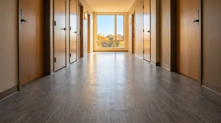 Commercial resilient flooring in a bright university residence hall corridor