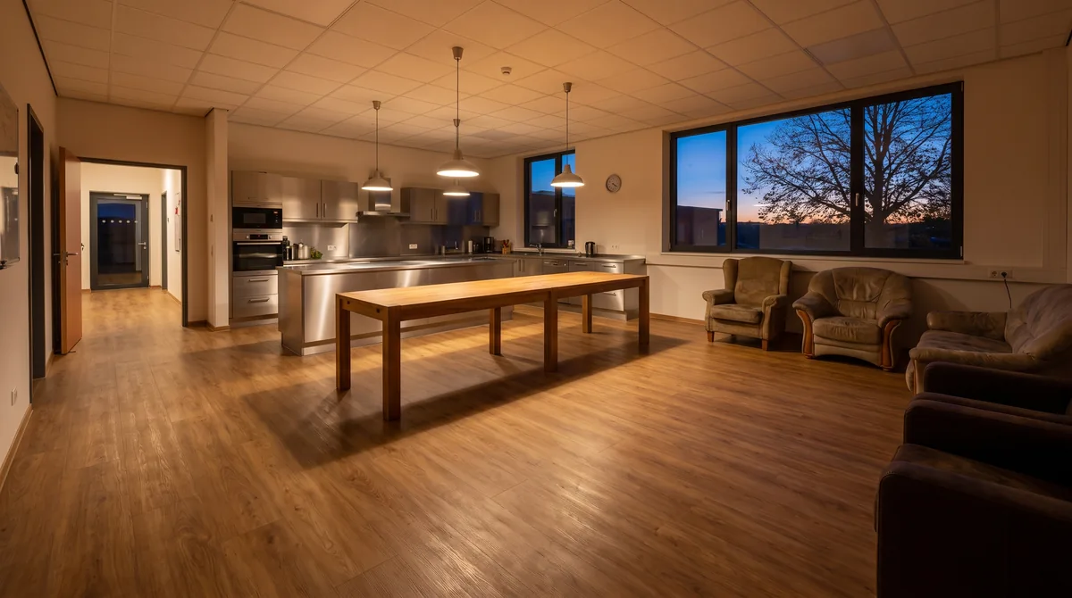 Oak-look luxury vinyl tile in a Wisconsin fire station day room and kitchen, Dane County public building flooring