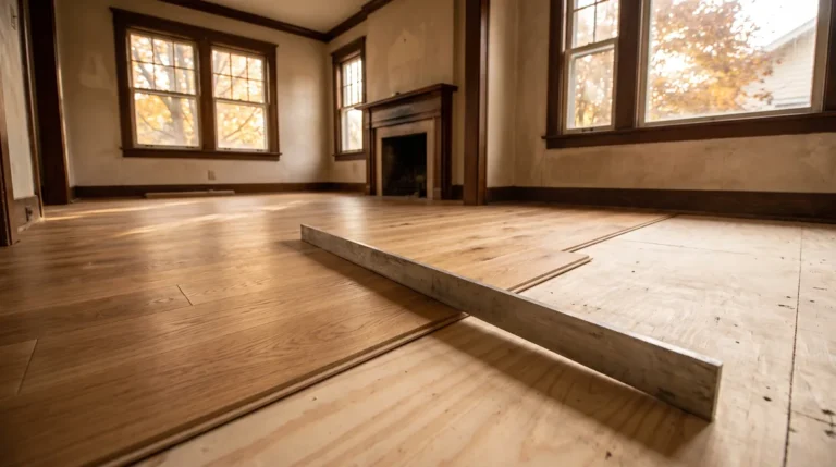 Engineered white oak flooring partly installed over a prepped subfloor in a Madison, Wisconsin bungalow
