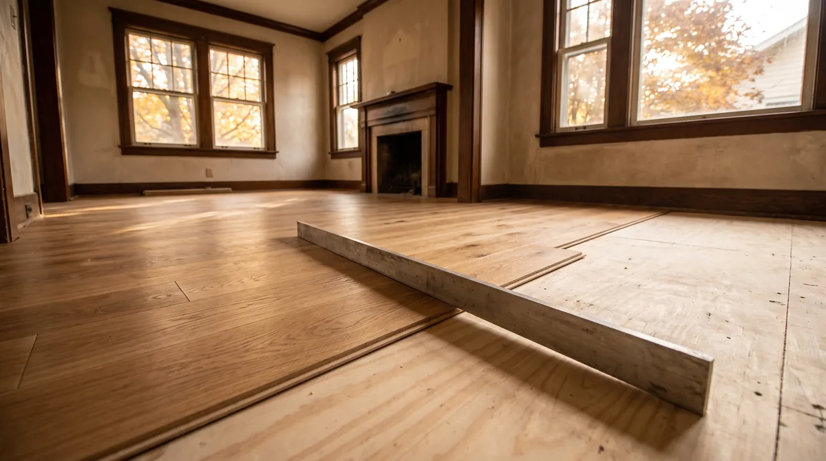 Engineered white oak flooring partly installed over a prepped subfloor in a Madison, Wisconsin bungalow
