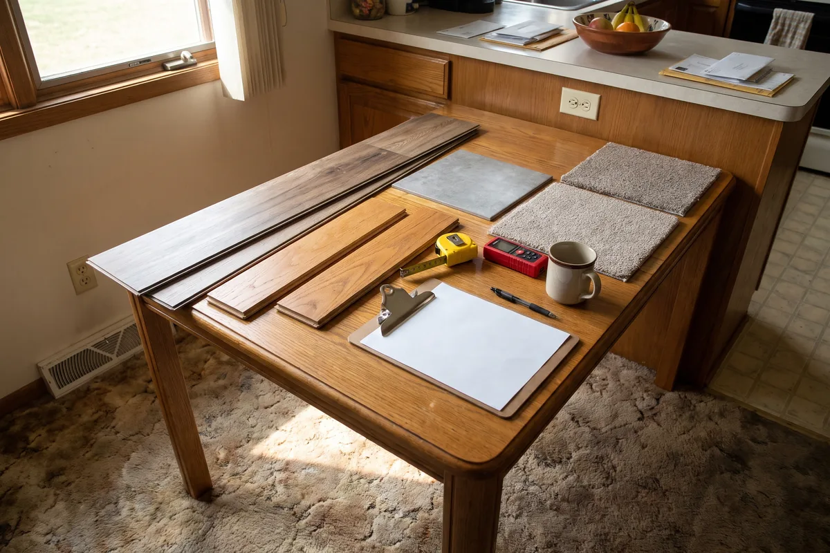 Flooring samples, a tape measure and a measuring sheet on a kitchen table during an in-home visit
