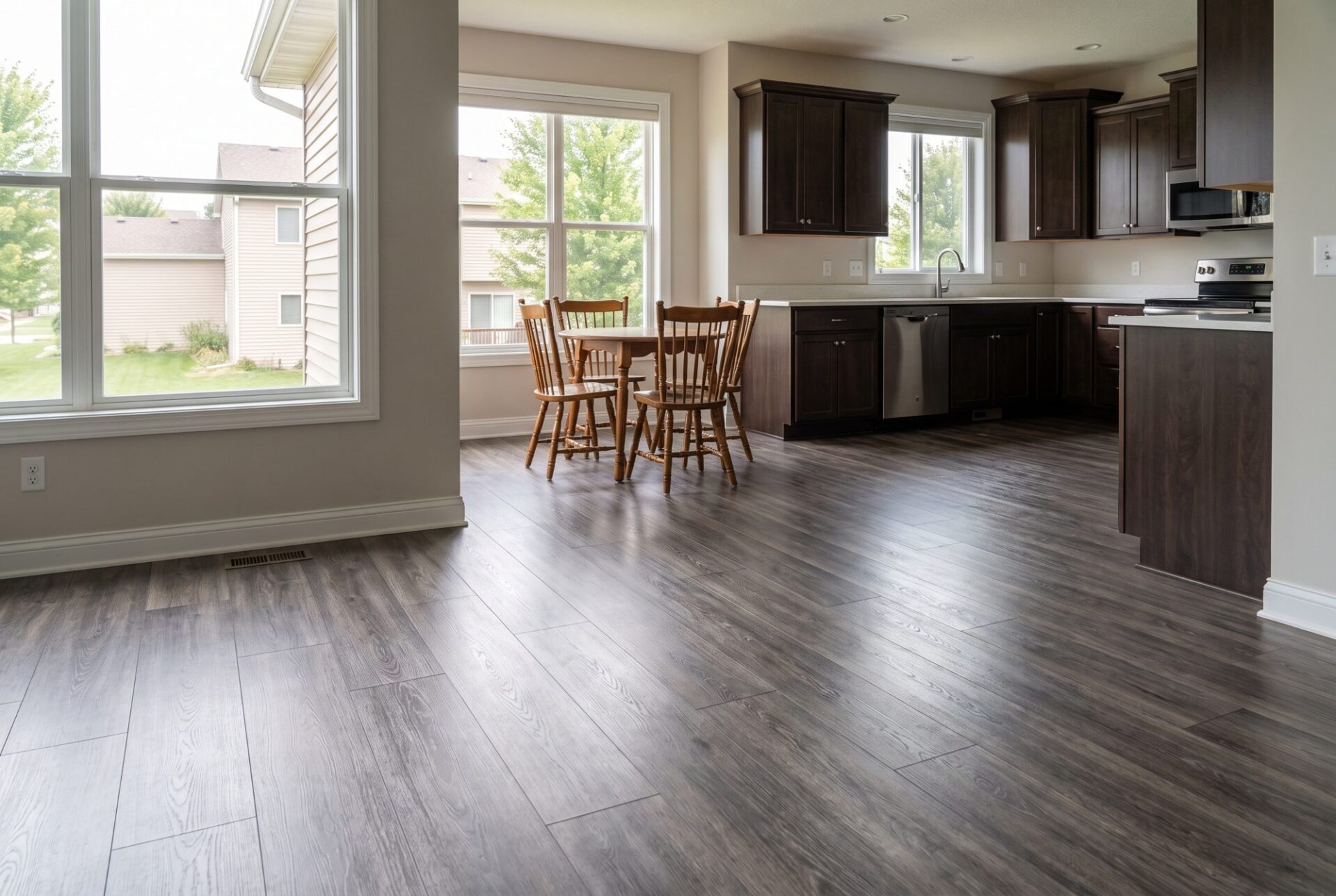 Gray-brown wood-look laminate in a kitchen with espresso cabinets and a small dinette