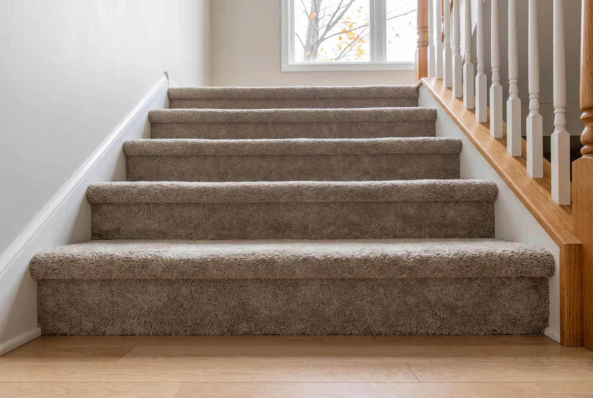 Warm greige cut-pile carpet wrapped tight on stair treads and risers in a Madison, WI two-story front hall