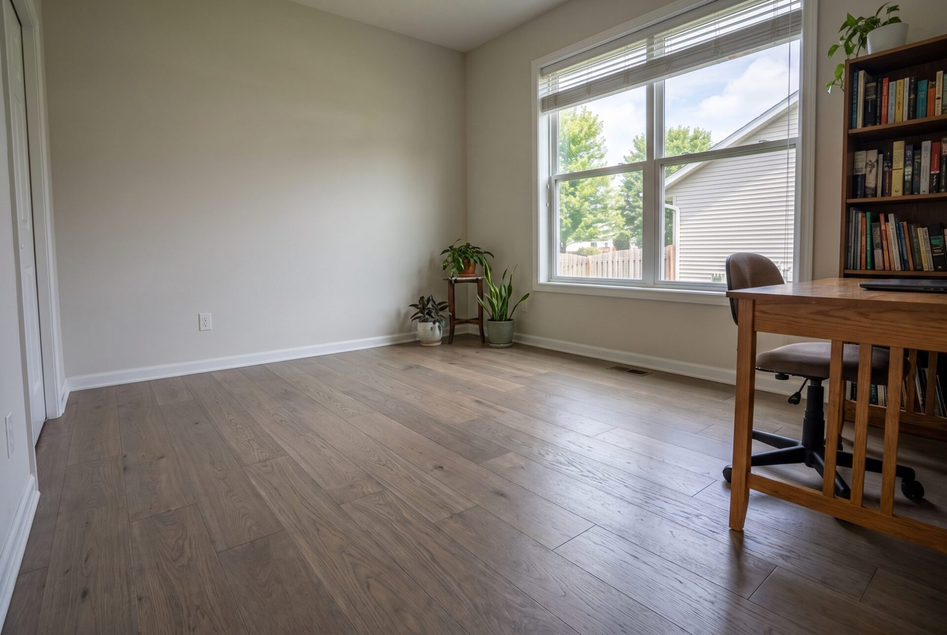 Gray-brown stained white oak hardwood in a home office with a wood desk and bookshelf
