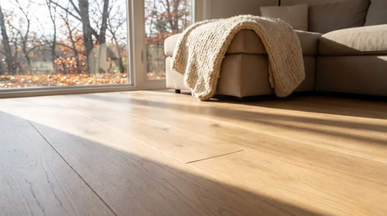 Solid white oak hardwood floor with thin seasonal winter gaps in a Madison, Wisconsin living room