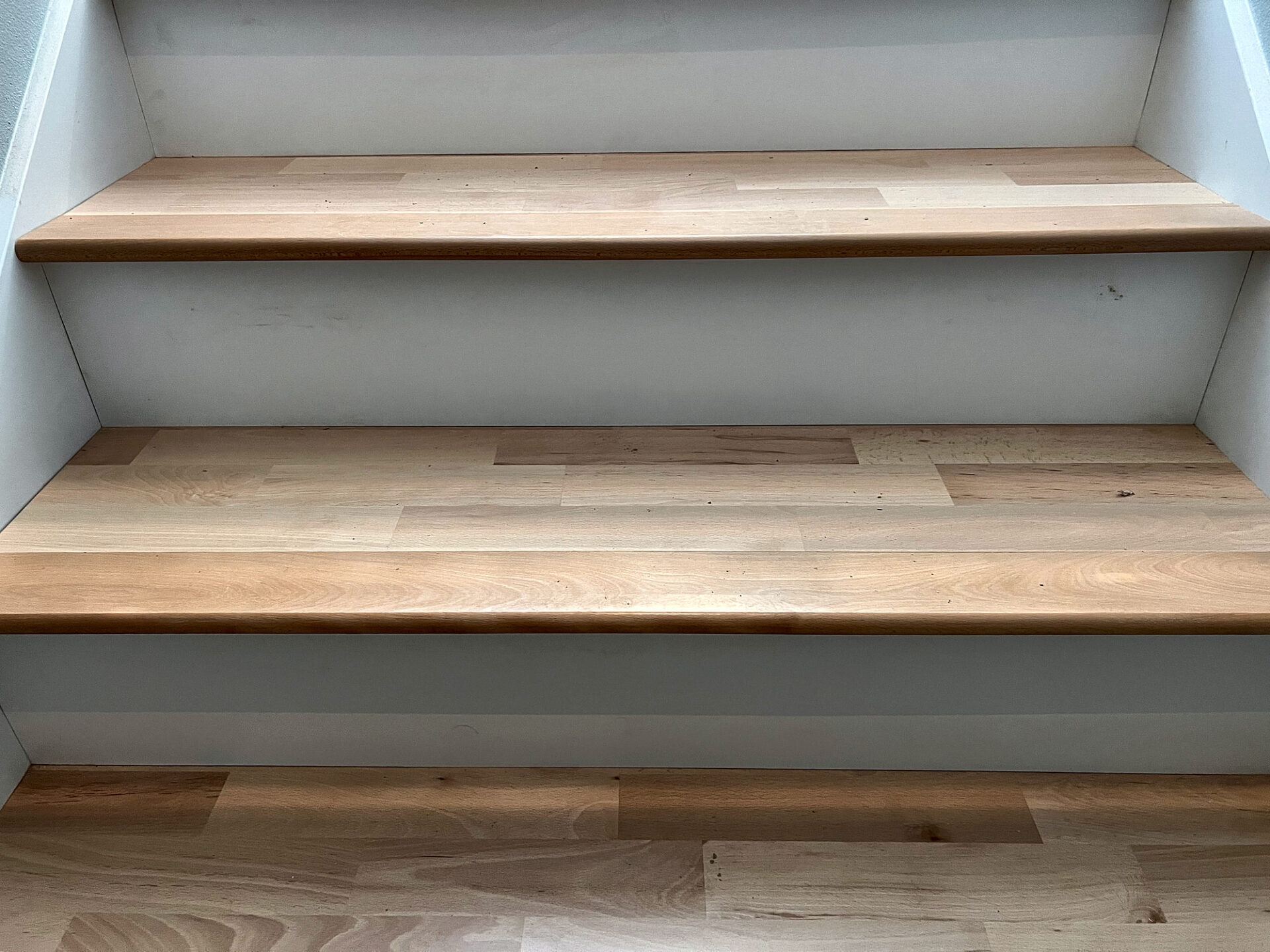 Close view of hardwood stair treads with rounded nosing and white painted risers